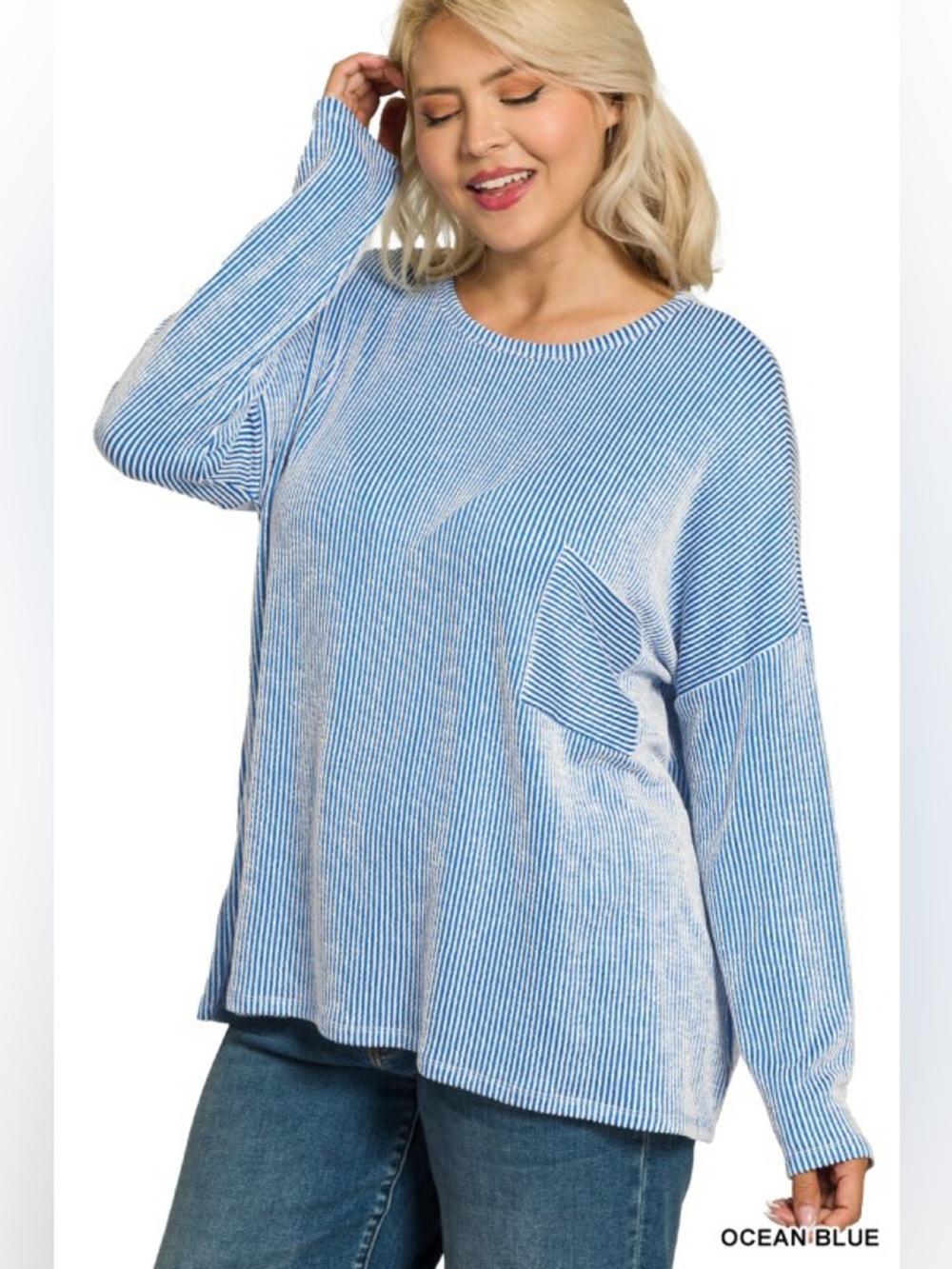NWT Zenana Plus Ocean Blue Plus Ribbed Striped Oversized Long Sleeve Top